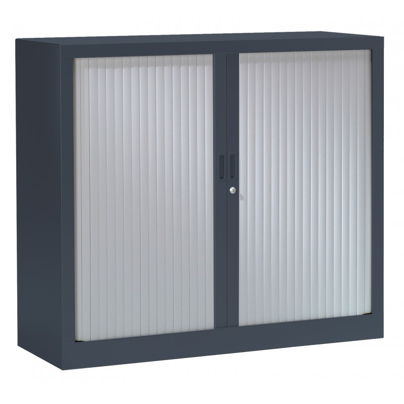 Armoire Basse à Rideaux 100x120x45 Cm – 2 Tablettes Réglables – Classement Dossiers, Classeurs – Couleur Gris Clair